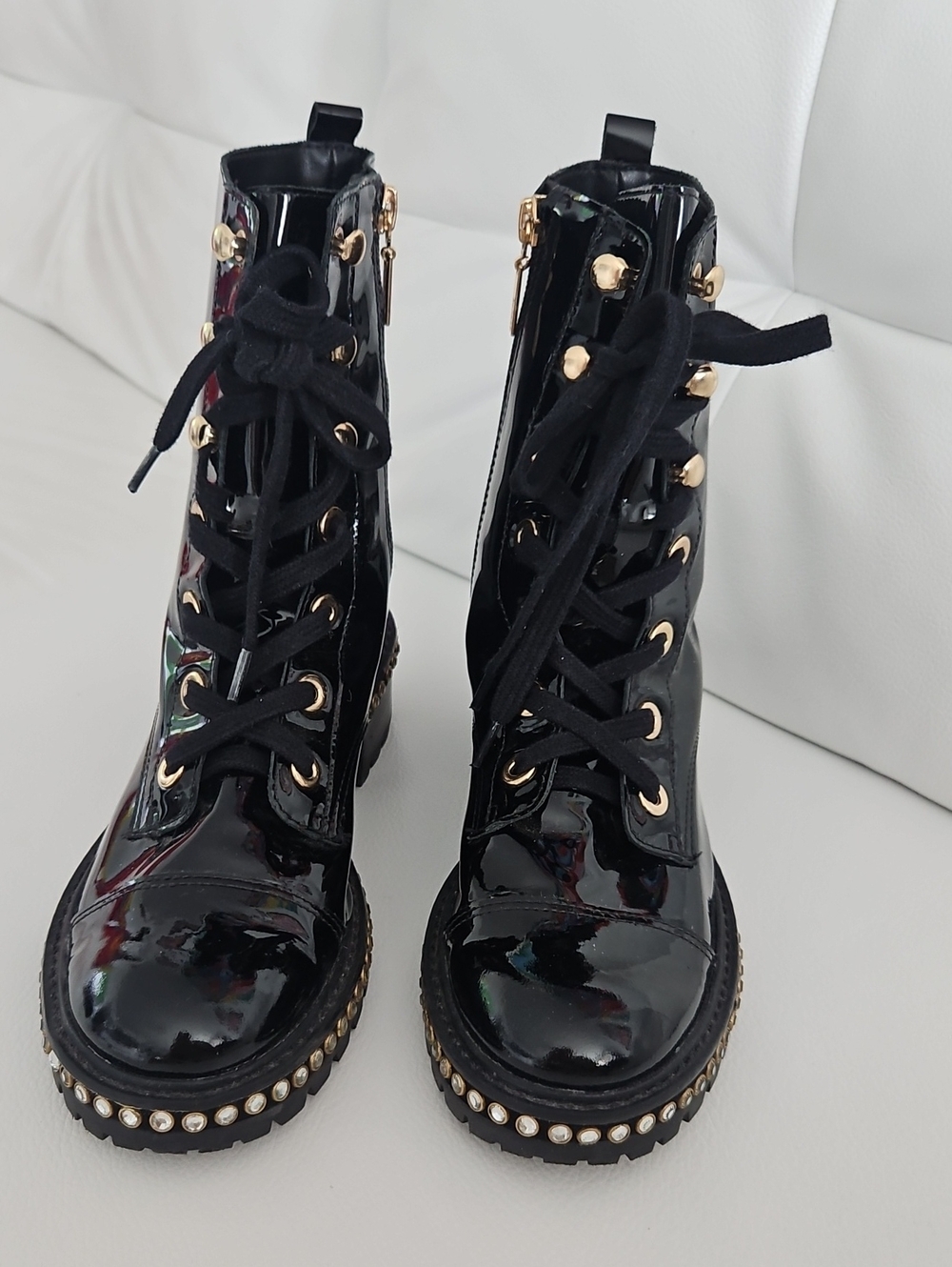 Black Patent Lace-Up Combat Boots with Gold & Crystal Stud Trim